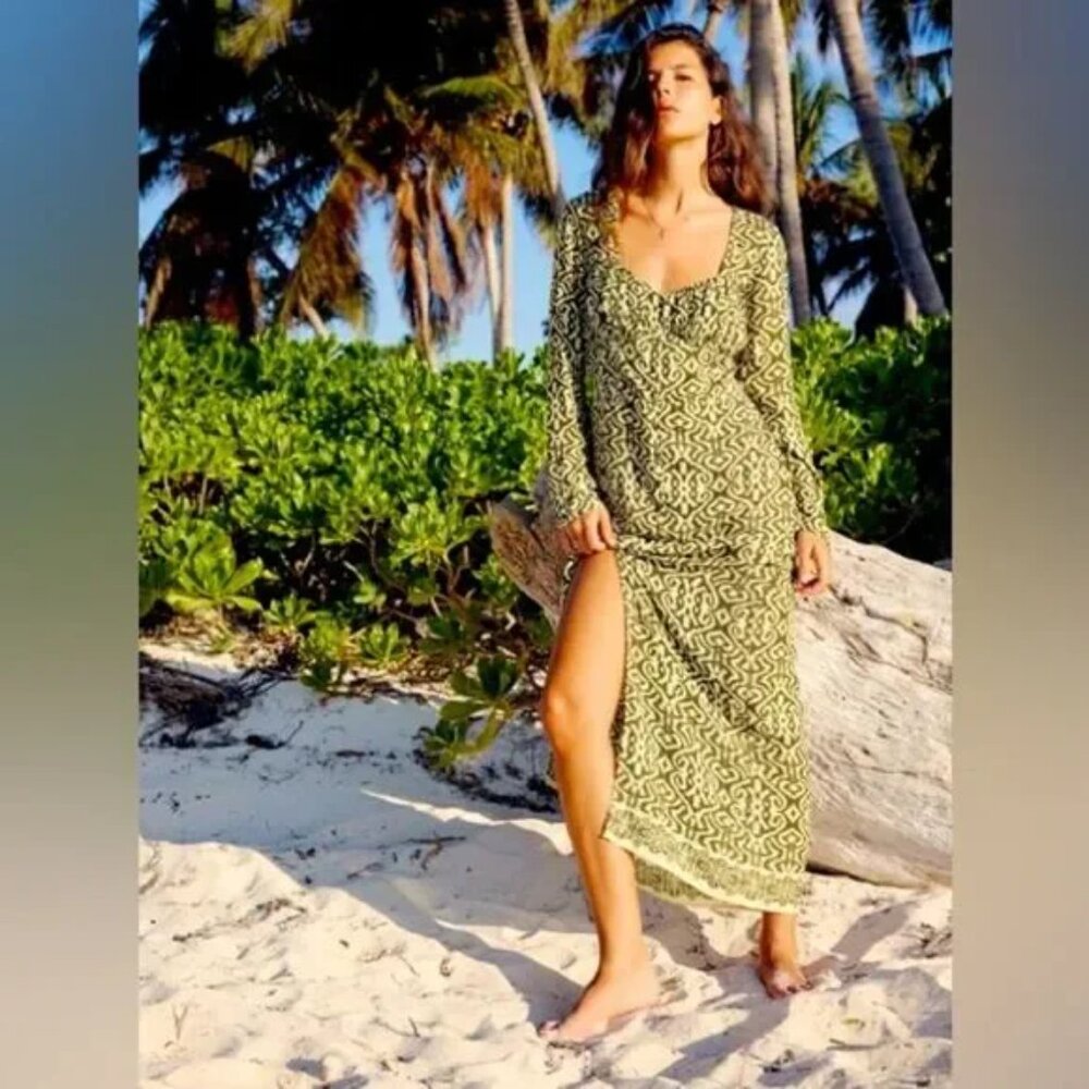 Zara Printed Bustier Long Sleeve Open Back Midi Dress‎ Green Ivory Medium